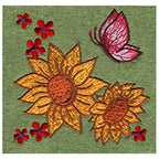 Sunflowers embroidery design by Anita Goodesign, Mini Collection; two yellow sunflowers with a butterfly on green fabric