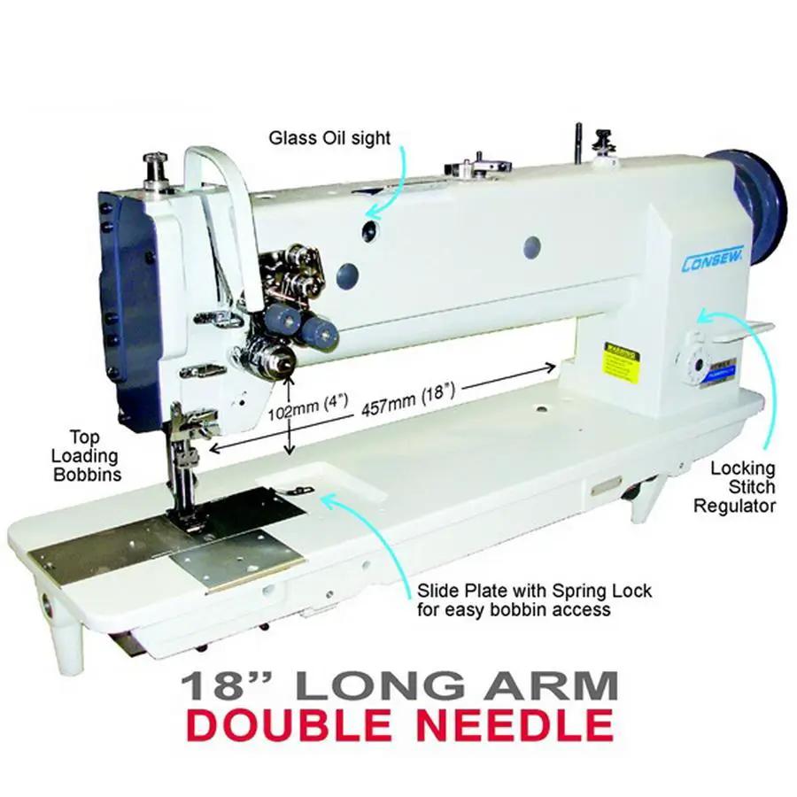Consew Premier 2339RBL-18 18-inch long-arm double-needle sewing machine with assembled table and servo motor.