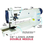 Consew Premier 2339RBL-18 18-inch long-arm double-needle sewing machine with assembled table and servo motor.