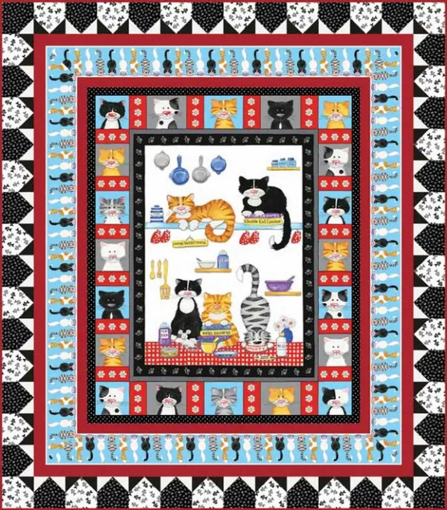 Fabric kit: Henry Glass The Cats Meow quilt fabric kit by Kate Mawdsley, cat motif panels with contrasting borders