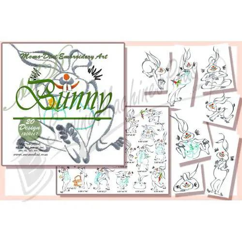Momo-Dini Bunny embroidery designs set, 20 designs, brand Momo-Dini, shown with bunny patterns
