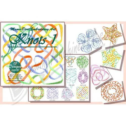 Momo-Dini Knots 1 embroidery design pack by Momo-Dini; 13 colorful knot designs shown on the cover