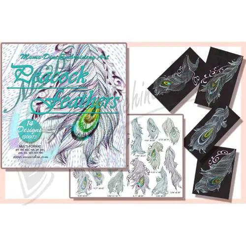 Momo-Dini Embroidery Designs Peacock Feathers set, 14 designs, multicolor feather motifs