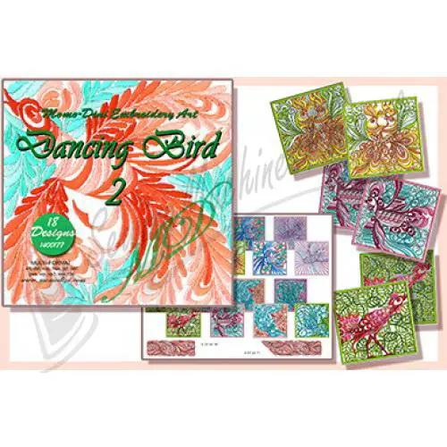 Dancing Bird 2 embroidery designs pack by Momo-Dini, featuring 18 multicolor bird motifs