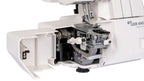 Janome MyLock 454D serger, white, close-up of internal threading and knife assembly