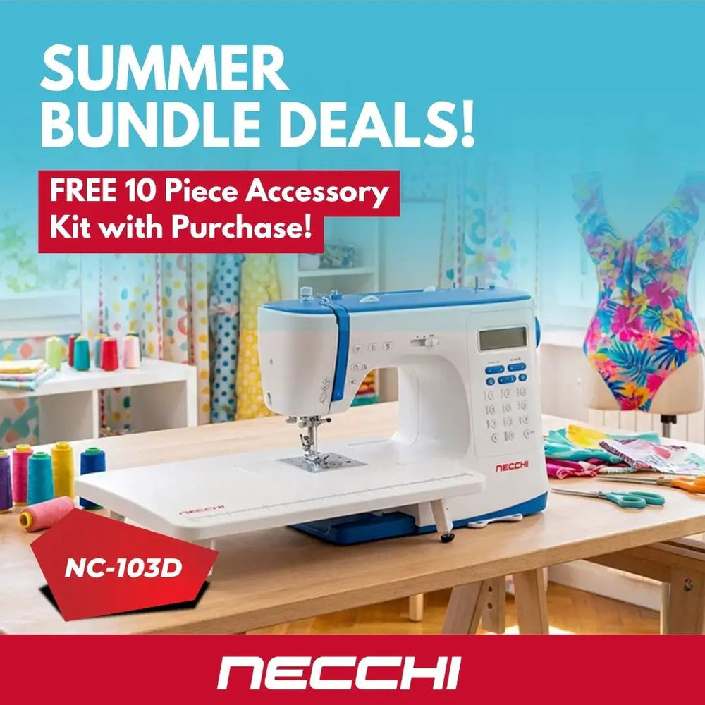 Necchi NC-103D computerized sewing machine, white with blue accents on a wooden table in a bright sewing room