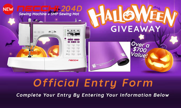 Promotional graphic for a Halloween giveaway with a sewing machine and SMP sewing mat on a purple background.