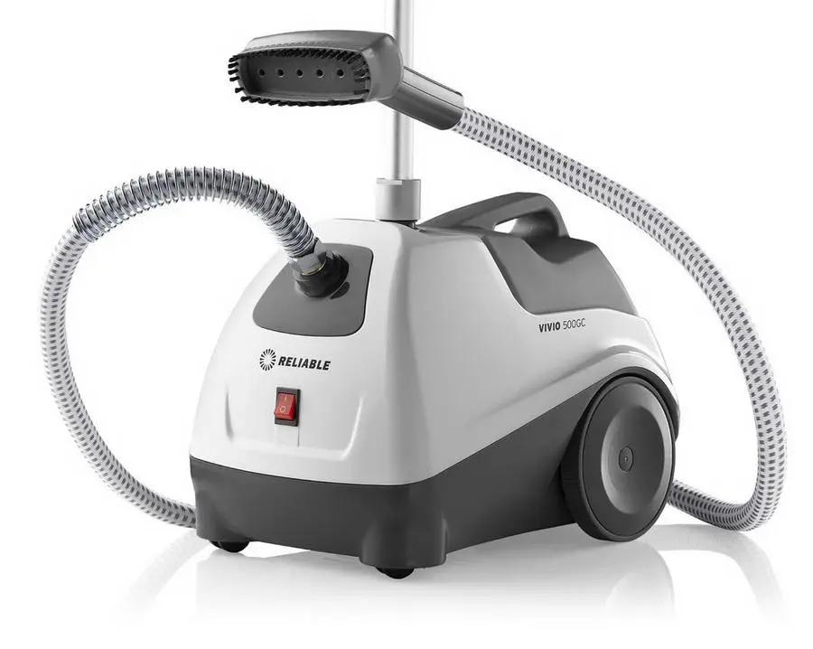 Reliable Vivio 500GC garment steamer, white and gray with flexible hose and handheld steam head