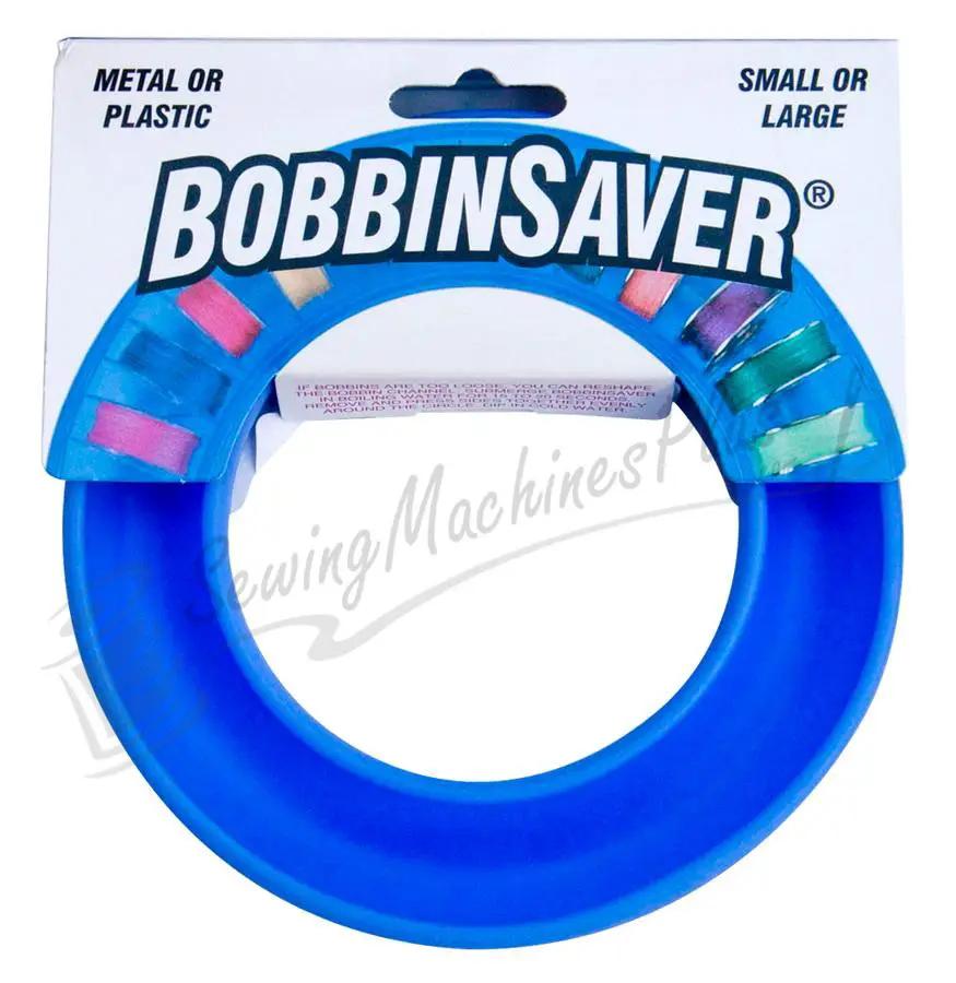 Bobbin Saver blue plastic circular bobbin holder by Blue Feather Products with colorful bobbins