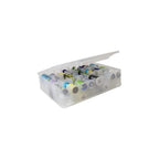 Double-sided clear craft storage case by Creative Options with multiple spool compartments.