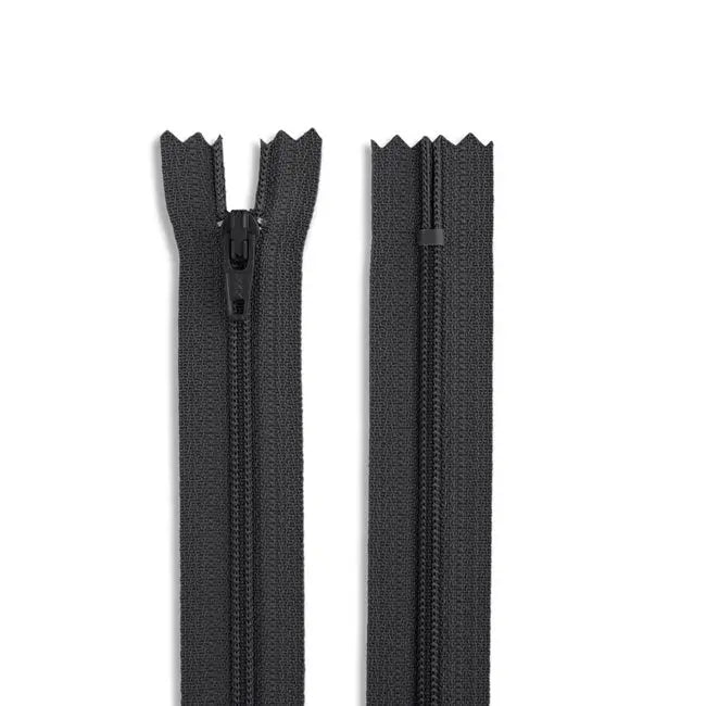 YKK #3 14-inch nylon coil zipper, black, two zippers shown.
