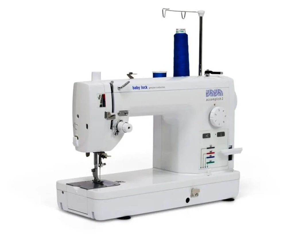 Baby Lock Accomplish 2 sewing machine, white mechanical model with spool holder and thread guides