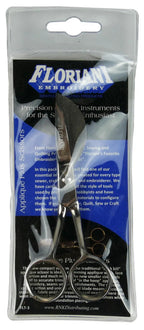 Floriani Applique Plus Scissors embroidery scissors in stainless steel with loop handles in packaging
