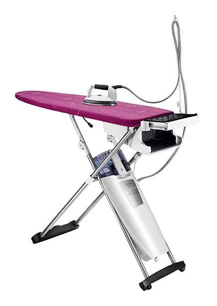 LauraStar Origami Cover ironing board cover, magenta, with iron and steam generator.