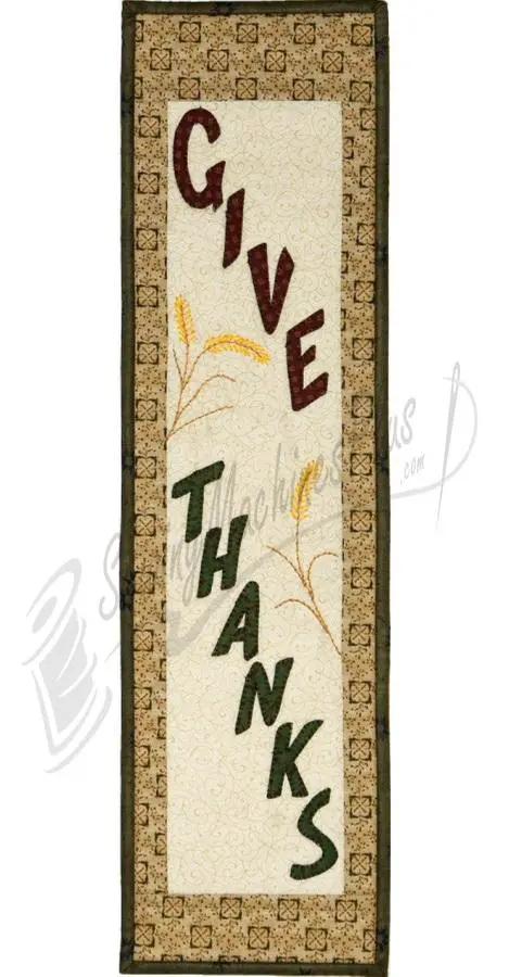 Patch Abilities P111B Give Thanks sewing pattern banner with beige panel, dark border, and green maroon letters.