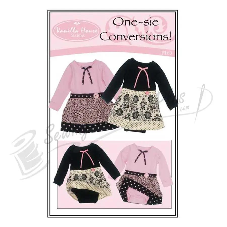 One-Zee Conversions sewing pattern by Vanilla House Designs; cover shows two outfits with pink and black tops and skirts