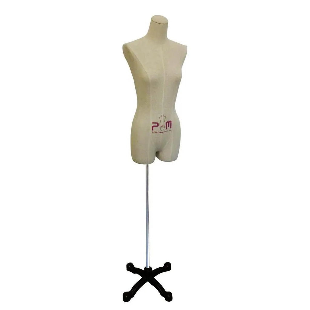PGM-Pro 602F dress form on adjustable metal stand with a black cross-base.