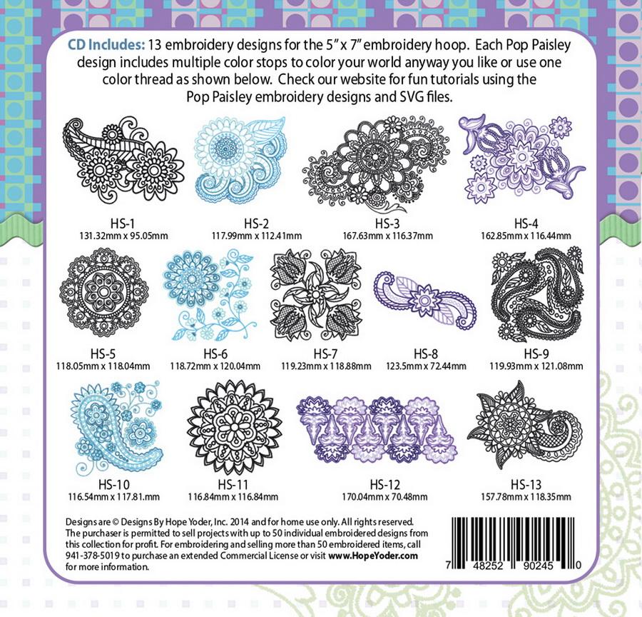 Pop Paisley Embroidery CD w/ SVG - Designs by Hope Yoder