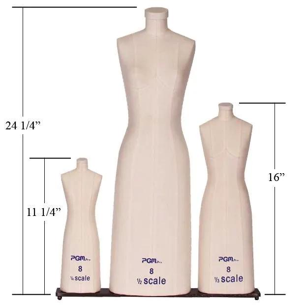 PGM Pro dress form set; ladies mini-scale Missy size 8 in beige fabric, 3 forms.