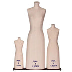 PGM Pro Ladies mini scale dress form set, size 8 Missy forms, three beige dress forms on a stand