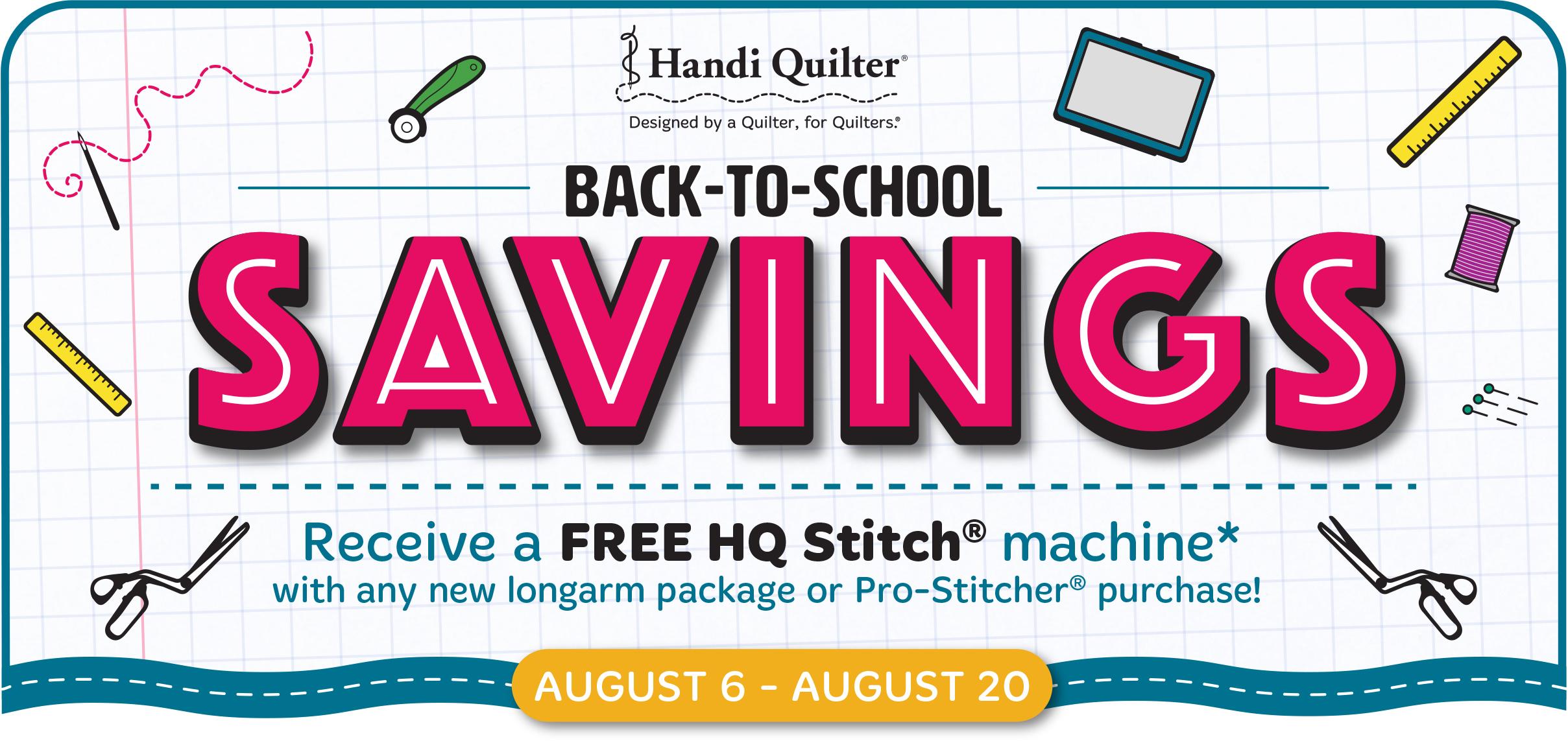 Advertisement for Handi Quilter Back to School Saving Sale