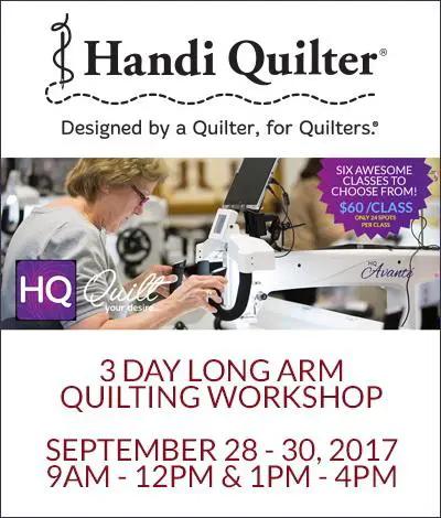 Handi Quilter 3-Day Long Arm Quilting Workshop banner with six classes, Sept 28–30, 2017, 9am–12pm & 1–4pm