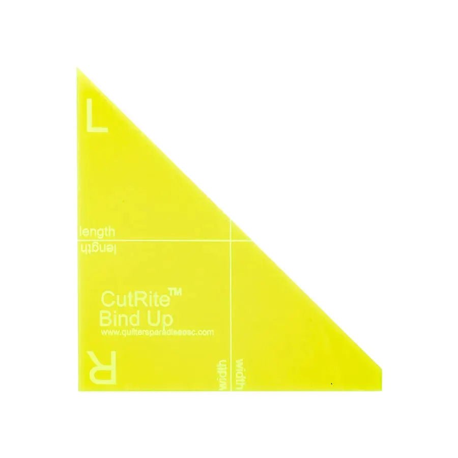 CutRite Bind Up Template ruler by Sewingmachinesplus.com, bright yellow right-triangle template with white marks.