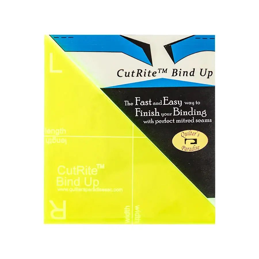 CutRite Bind Up Template ruler for quilting in bright yellow packaging with Quilter's Paradise logo