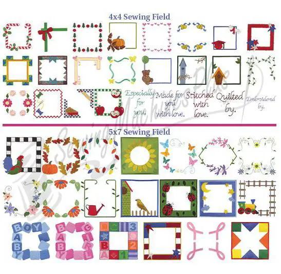 Quilt Labels embroidery designs by Dakota Collectibles, 970350; assorted 4x4 and 5x7 sewing-field frames