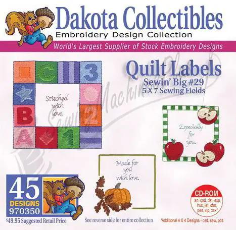 Quilt Labels embroidery designs CD-ROM by Dakota Collectibles, 45 designs, 5x7 sewing fields (970350).