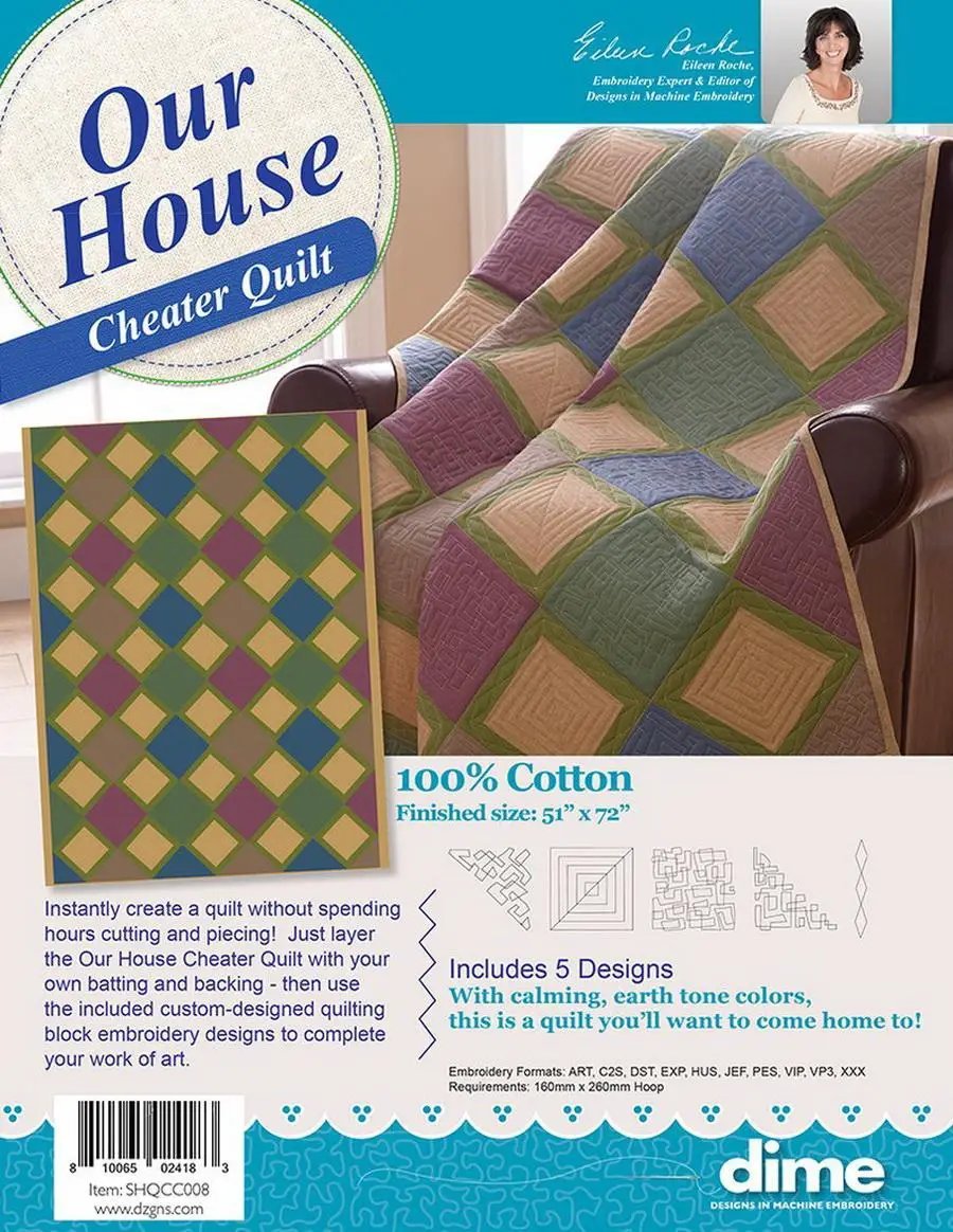 Dime Our House Cheater Quilt with Designs quilt kit, 100% cotton, finished size 51x72, includes 5 designs.