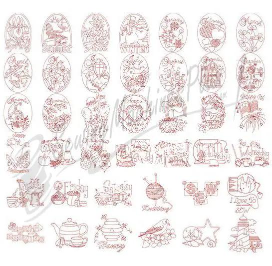 Dakota Collectibles Redwork Embroidery Designs set for embroidery software; large collection of redwork motifs