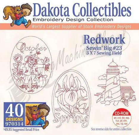 Dakota Collectibles Redwork Embroidery Designs 970314 embroidery software with 40 designs for a 5x7 sewing field.