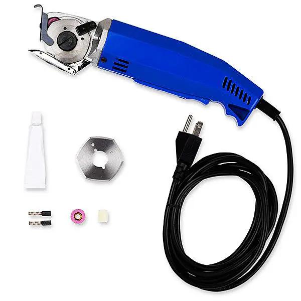 Reliable 1000FR cloth cutter: blue rotary cutter with power cord, spare blades and adapters.