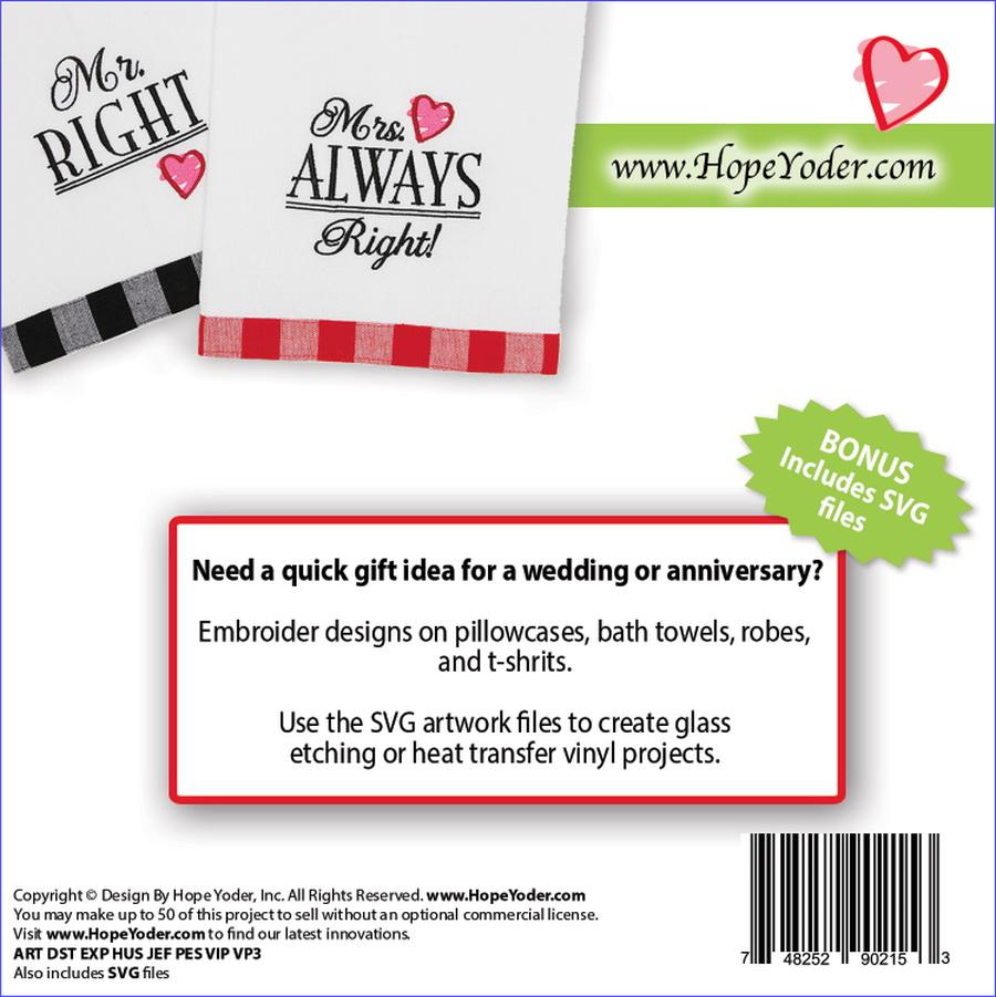 Mr. Right & Mrs. Always Right Embroidery CD w/SVG - Designs by Hope Yoder