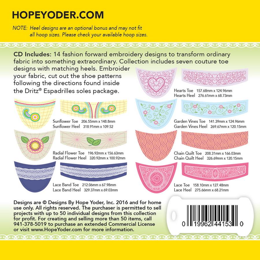 Espadrille Fabric Couture Embroidery CD w/SVG - Designs by Hope Yoder