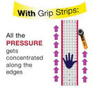 Grip Strips by Guidelines 4 Quilting; hand presses a red-edged grid strip with a rotary cutter beside it.