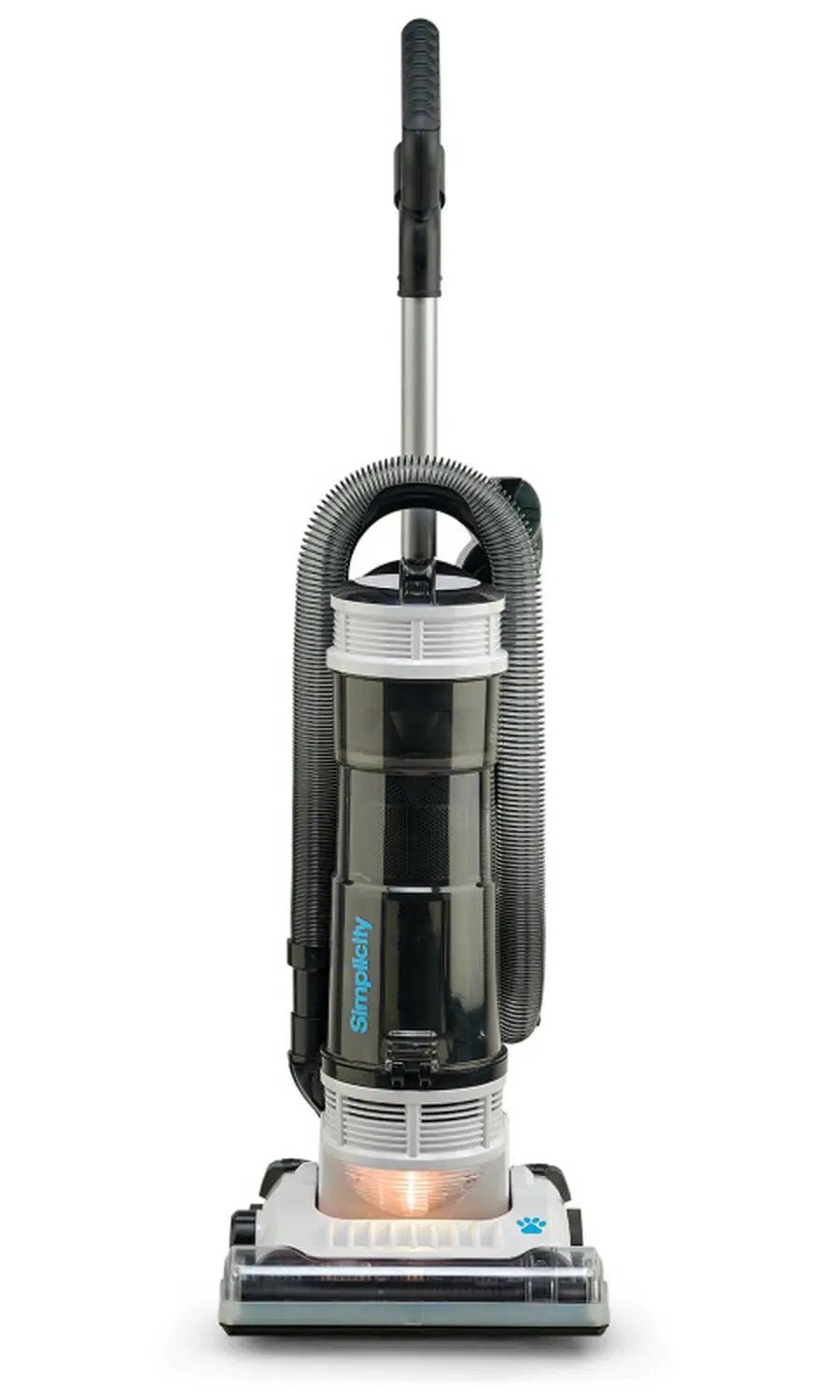 Simplicity S20PET Symmetry bagless upright vacuum with transparent canister, black body, and long silver wand.