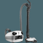 SEBO AIRBELT E3 Premium canister vacuum in Arctic White with flexible hose and telescoping wand