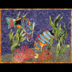 Fabric quilt panel: two colorful striped fish among coral on a purple underwater scene; Amazing Quilts by Grace