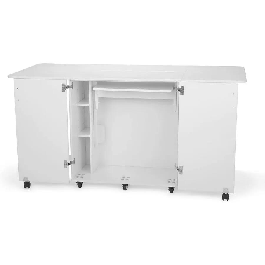 Kangaroo Kabinets Emu sewing cabinet, white with interior shelves, hanging rod, and caster wheels.