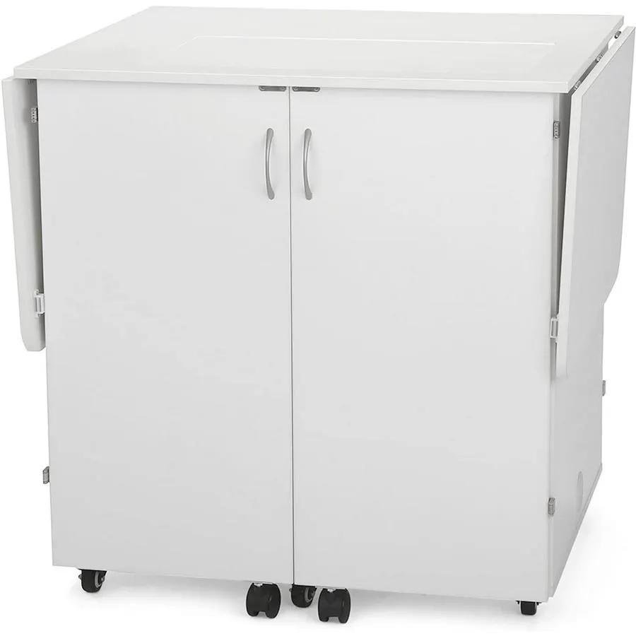 Kangaroo Kabinets Emu sewing cabinet on wheels, white two-door design.
