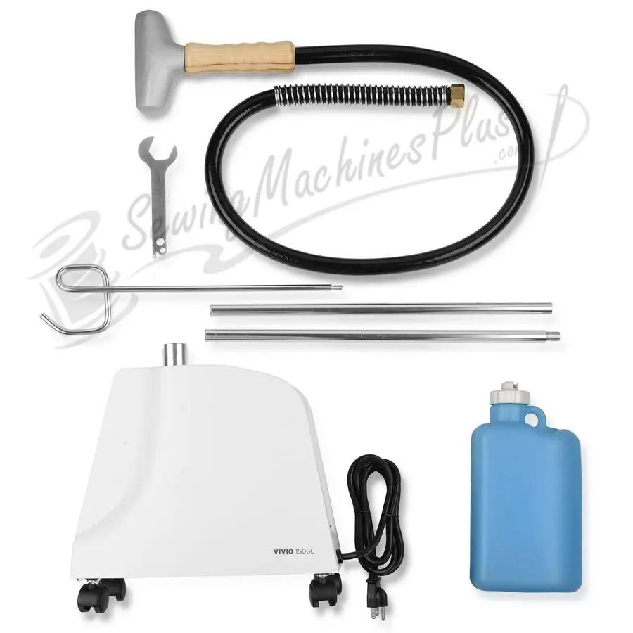Reliable Vivio 150GC garment steamer with white base, black hose, wooden handle nozzle, rods, and blue water bottle