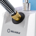 Reliable Vivio 150GC garment steamer; white body with brass hose fitting and coiled metal hose.