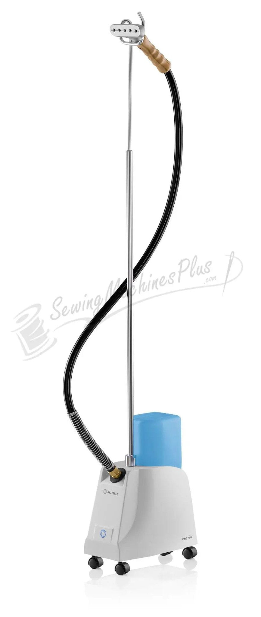 Reliable Vivio 150GC Garment Steamer with chrome pole, black hose, blue water tank on a wheeled base