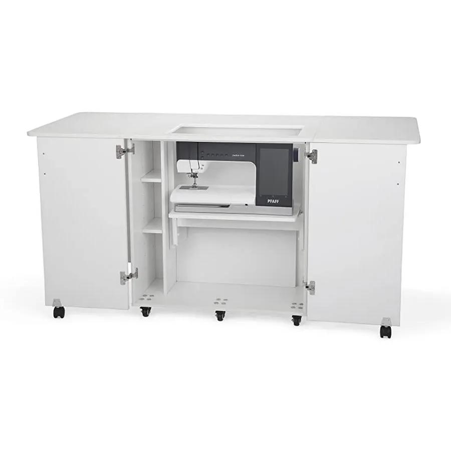 Kangaroo Kabinet Emu sewing cabinet in white with a Pfaff sewing machine inside.