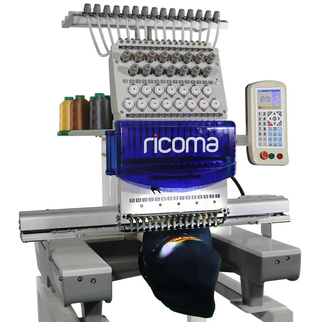 Ricoma RiCOMA 1501PT 15-needle embroidery machine with blue cover, stand and software.