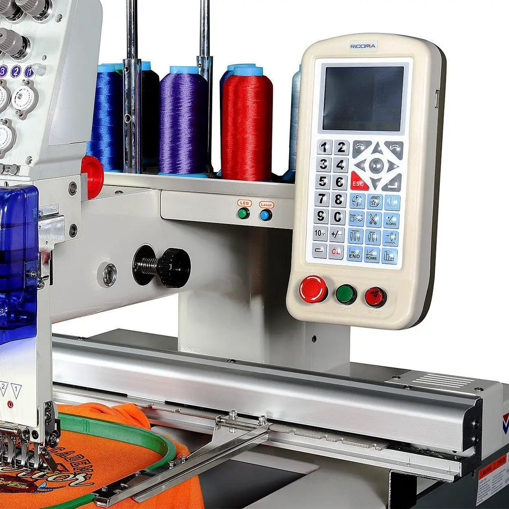 RiCOMA 1501PT 15-needle embroidery machine with stand and control panel, Ricoma logo, blue/purple/red thread spools