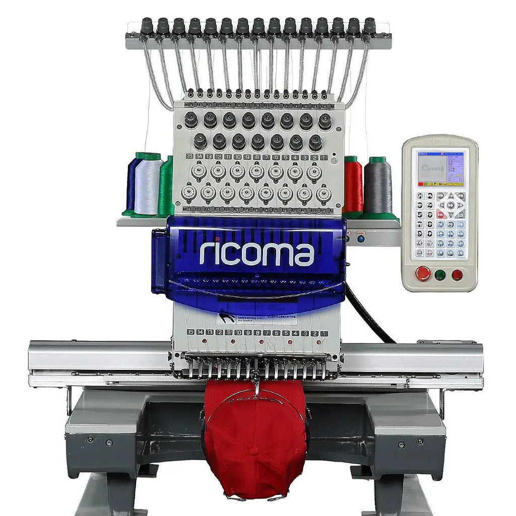 RiCOMA 1501PT blue 15-needle single-head embroidery machine with stand and control panel