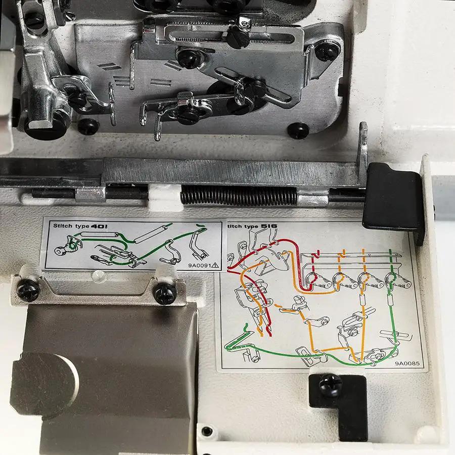 Reliable 5600SO three-five thread high-speed safety serger interior view with metal components and color-coded thread diagrams.